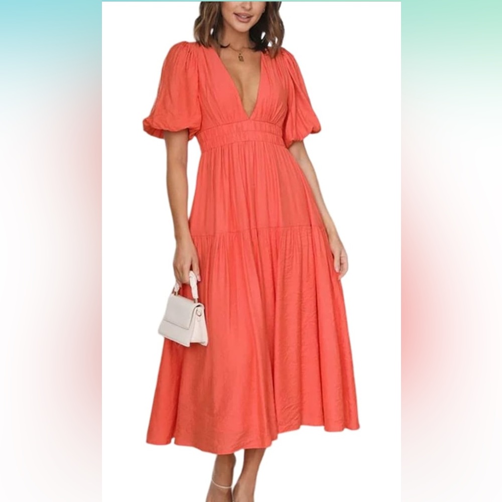 NWT HOULENGS Women's Deep V Neck Puff Short Sleeve Tiered Dress Size Medium